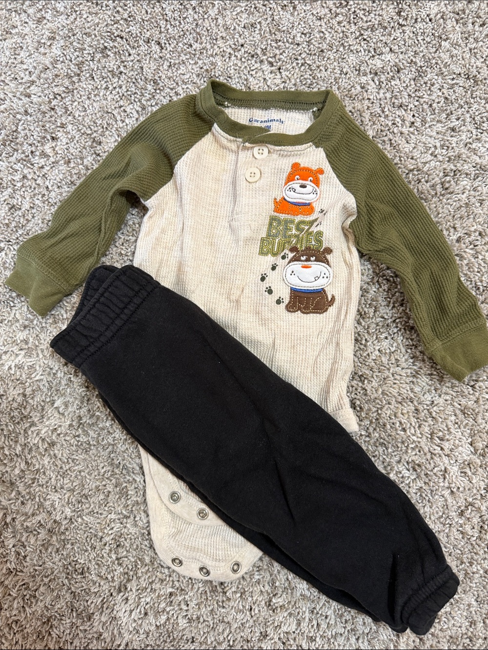 Garanimals Cream & Olive Long-Sleeve Romper with Black Jogger Pants